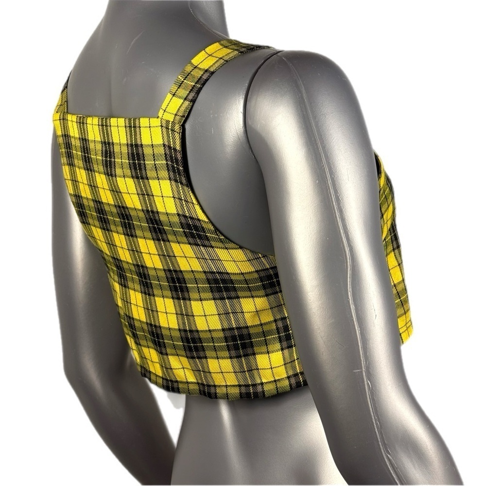 The Ragged Priest | Yellow Black Plaid Zip Up Crop Tank Top - Picture 7 of 12